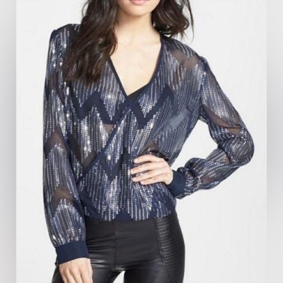 WAYF Sheer Sequin Navy Blue Wrap Top size medium - Picture 2 of 12